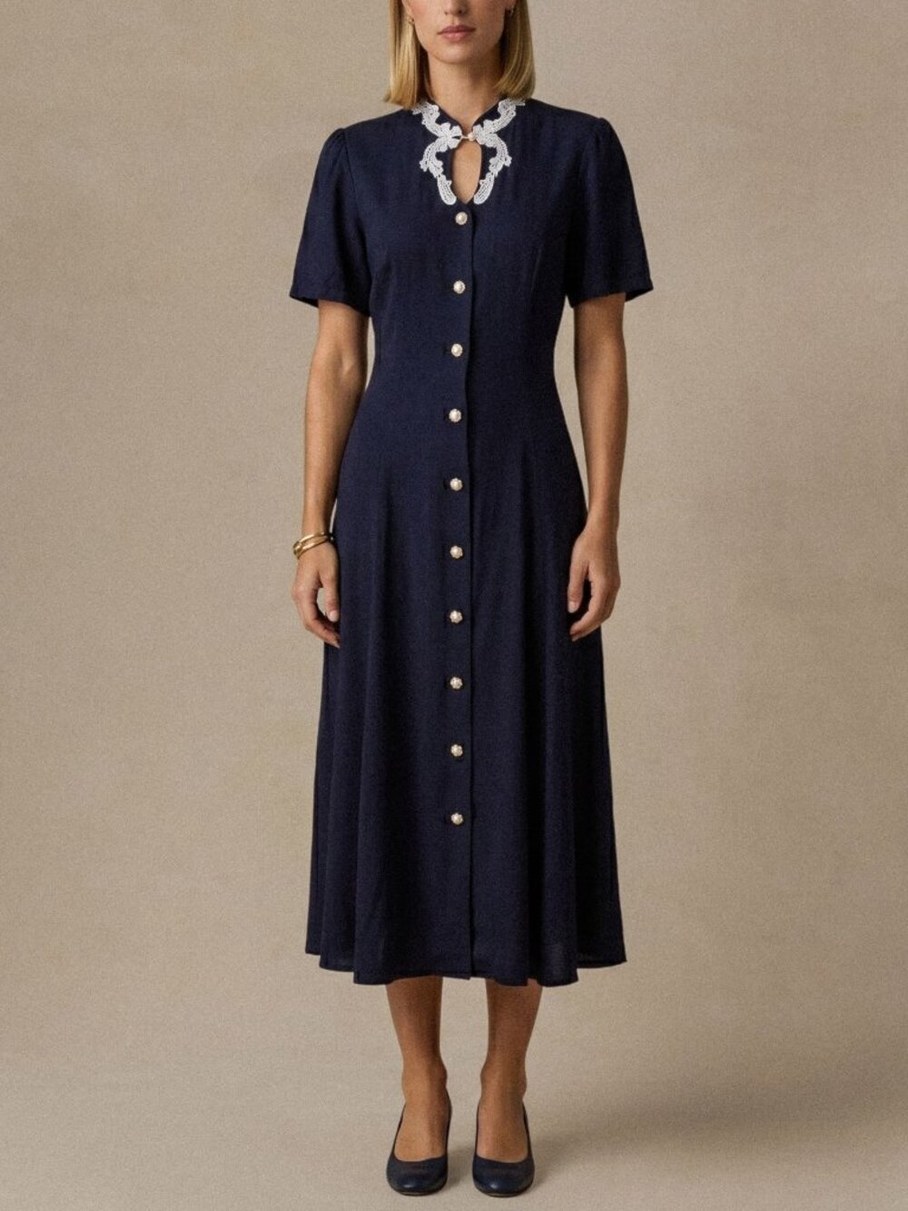 VTG 90s Dark Academia Victorian Midi Keyhole Dress Navy Blue Lace Collar Pearl
